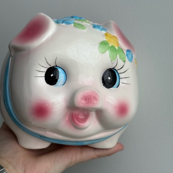 Piggy Bank Vintage Porcelain Made in Taiwan Kitschy Pastel Springtime Decor - Picture 7 of 16